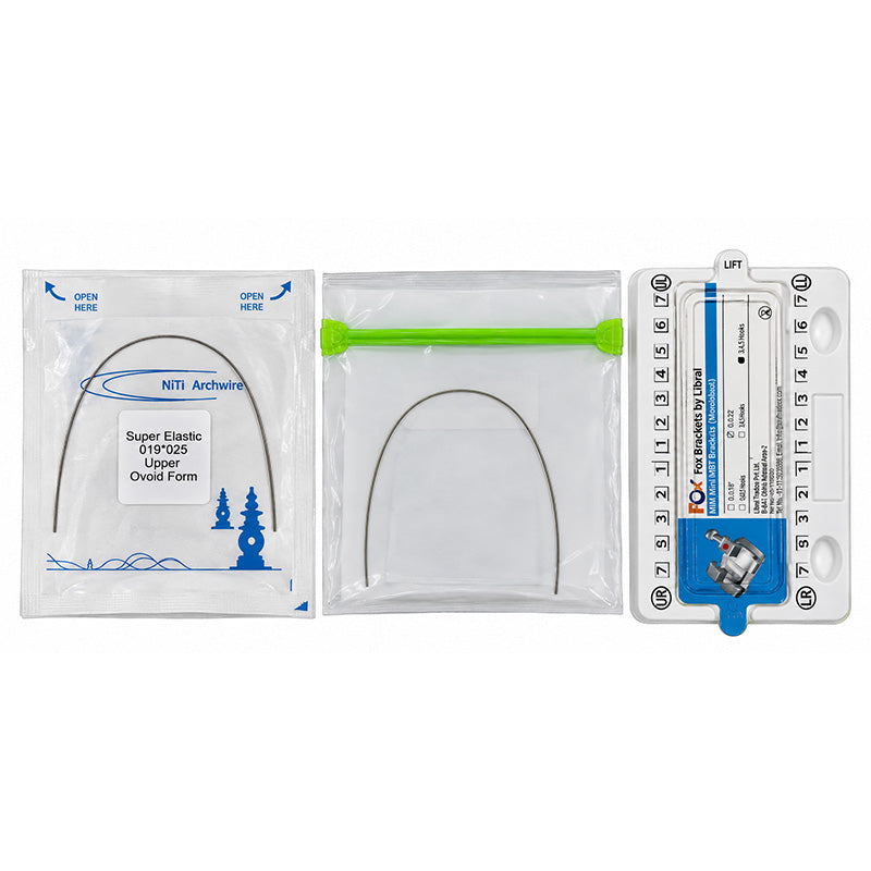 Libral Patient Kit for MBT 022 Bracket Kit showing brackets, wires, and tubes for orthodontic treatment.