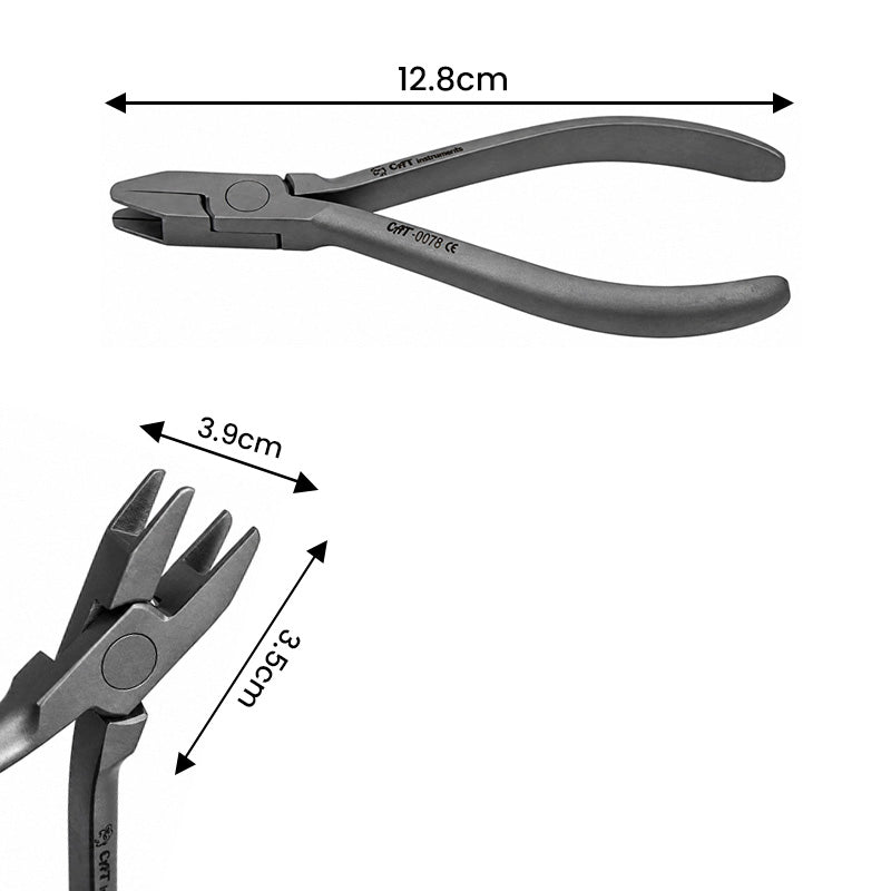 CAT Instruments torquing plier with open and closed thin beak for precise utility and specialty tasks, black handles and metal jaws.