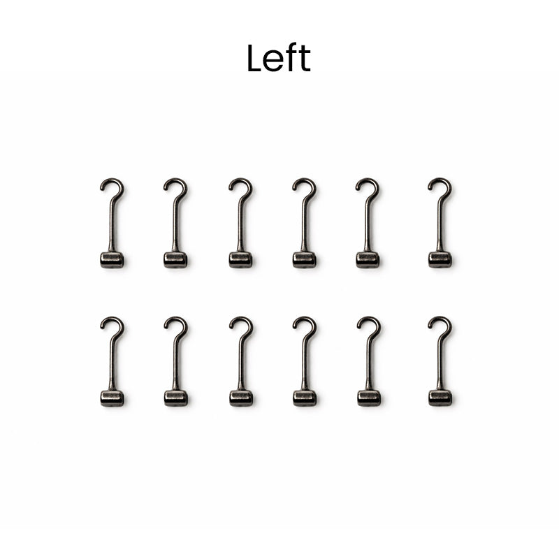 Captain Orthodontics Bondable Crimpable Hooks, close-up of two metal hooks with crimping features for orthodontic use.