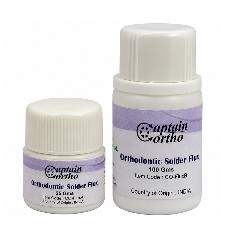 Silver solder flux for orthodontic use from Captain Orthodontics, shown in a container with the label visible.