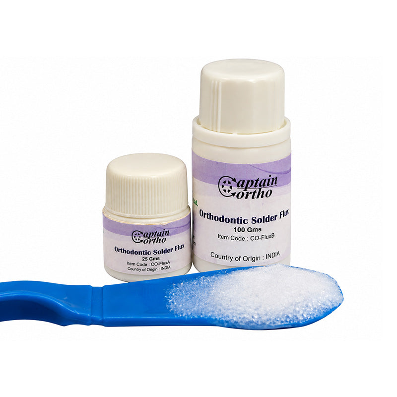 Captain Orthodontics silver solder flux in a small container, used for orthodontic and jewelry soldering applications.