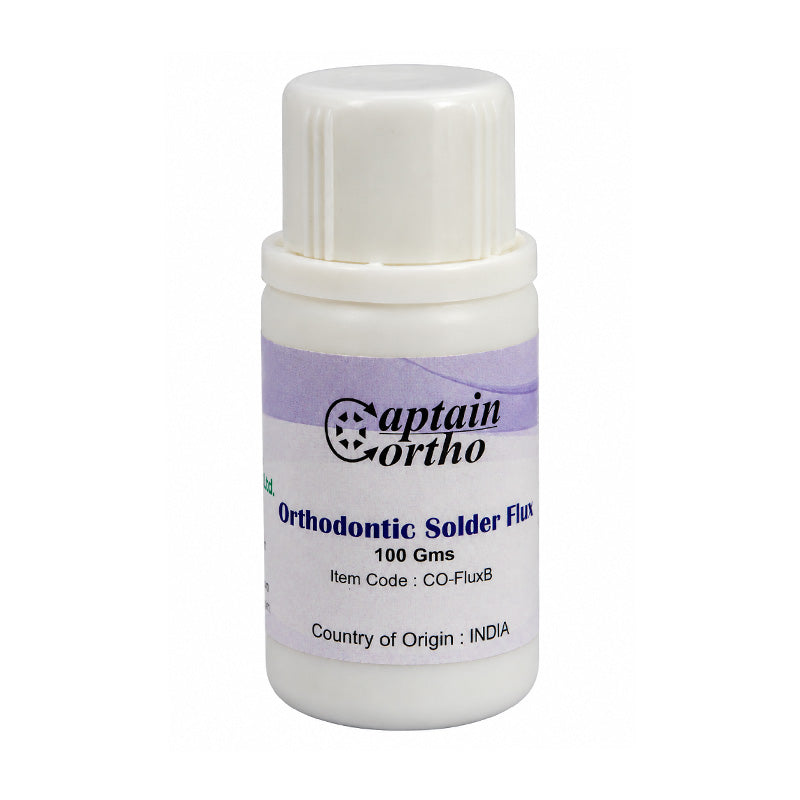 Captain Orthodontics silver solder flux in a small jar, used for orthodontic soldering and metal bonding processes.