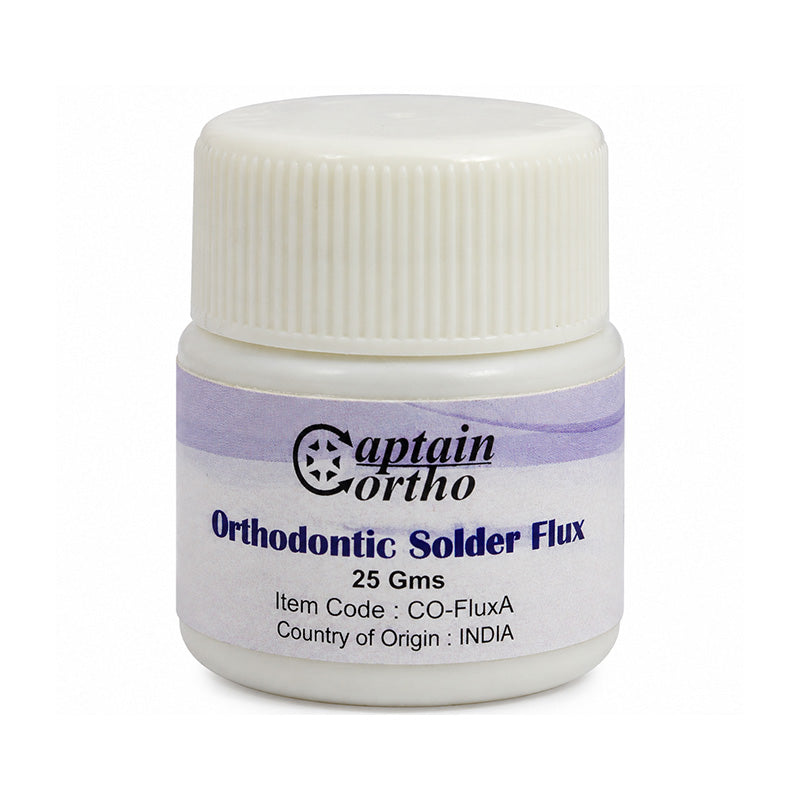 Captain Orthodontics silver solder flux in a container, used for orthodontic soldering and metal bonding applications.