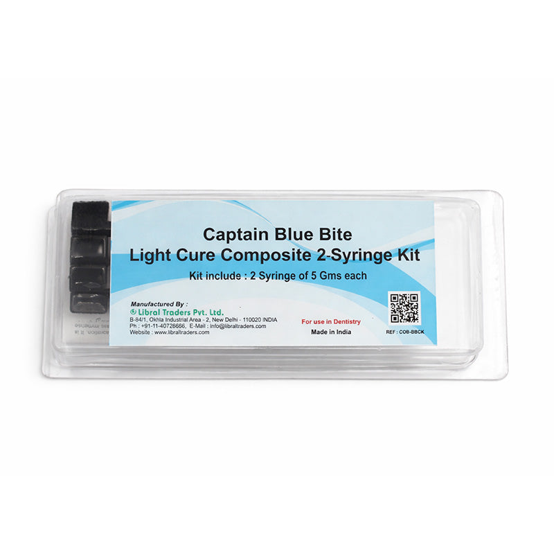 Captain Blue Bite light cure composite syringe from Captain Orthodontics, showing the 5g adhesive syringe with blue-tinted light cure material.