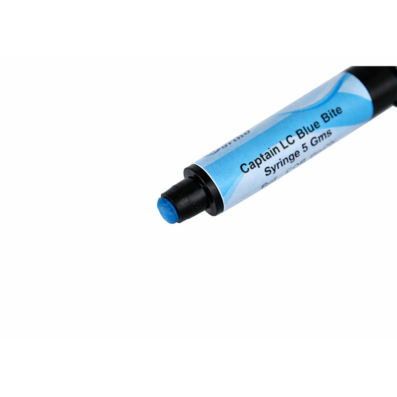 Captain Blue Bite light cure composite syringe for dental bonding, showcasing the 5g adhesive tip and packaging.
