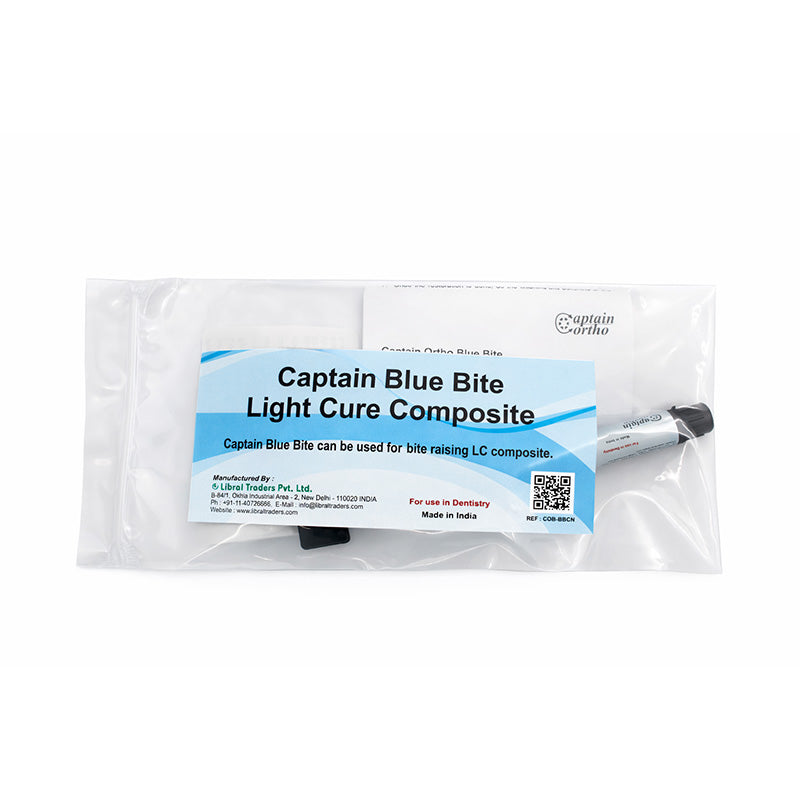Captain Blue Bite light cure composite syringe, 5 grams, used as dental adhesive for orthodontic applications.