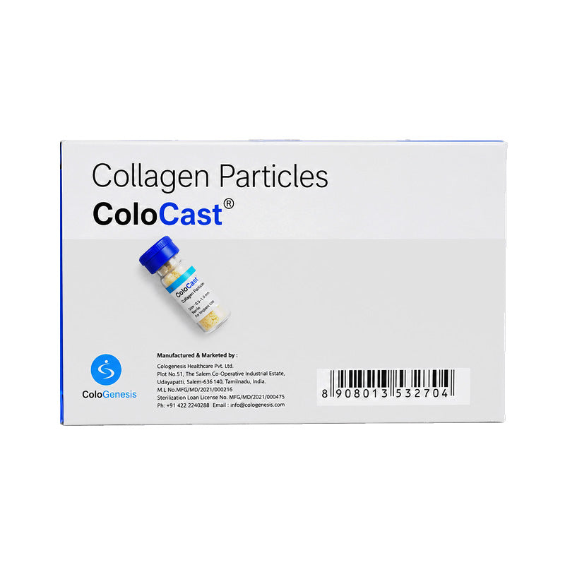 Cologenesis Colo Cast mineralized bone matrix collagen particles in vial packaging for bone grafting procedures.