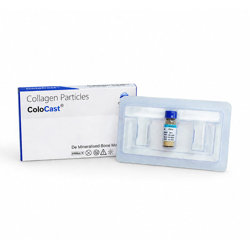 Cologenesis Colo Cast de mineralised bone matrix collagen particles in a vial for bone graft procedures, by Cologenesis Healthcare.