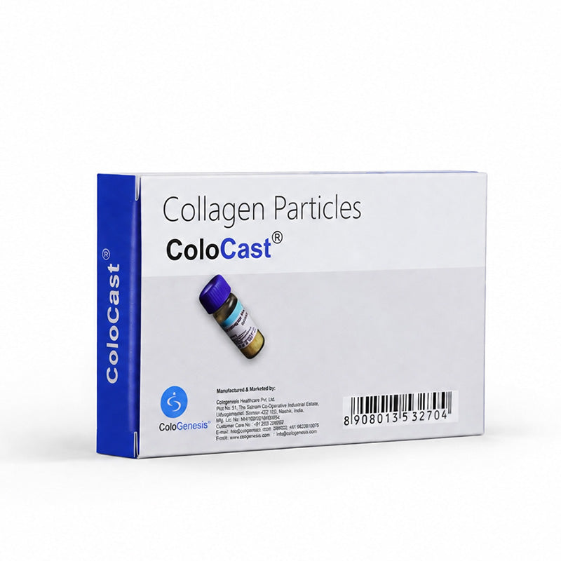 Vial of Cologenesis Colo Cast mineralized bone matrix collagen particles for bone grafting by Cologenesis Healthcare.