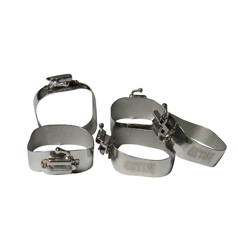 Preformed molar orthodontic bands by Captain Orthodontics with MBT 018 UDLS tubes, shown in a 5-pack for dental treatment.