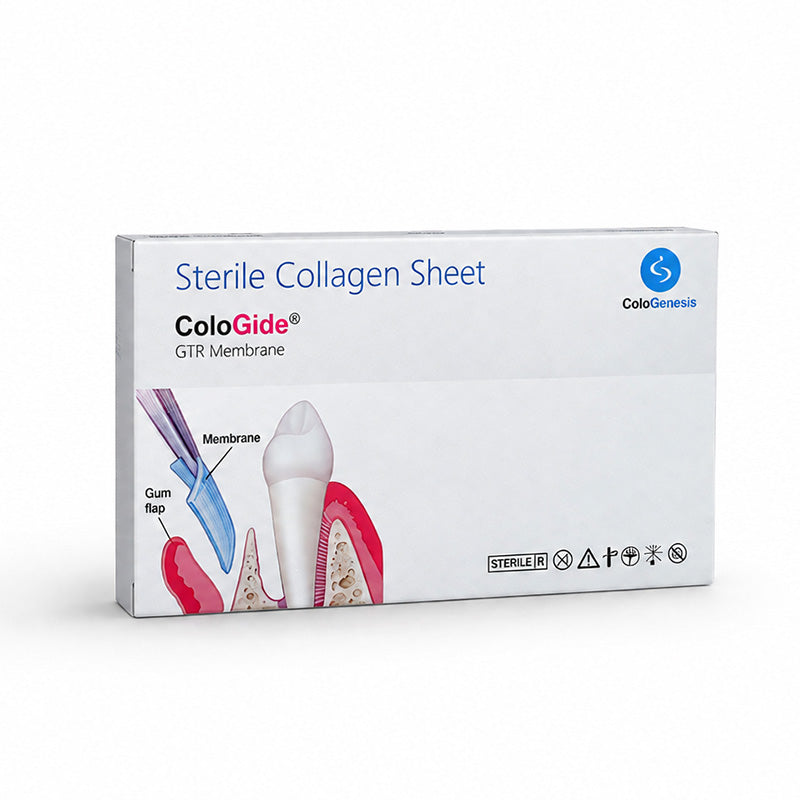 Sterile ColoGide GTR collagen membrane sheet by Cologenesis Healthcare, used as a regenerative tissue plug.
