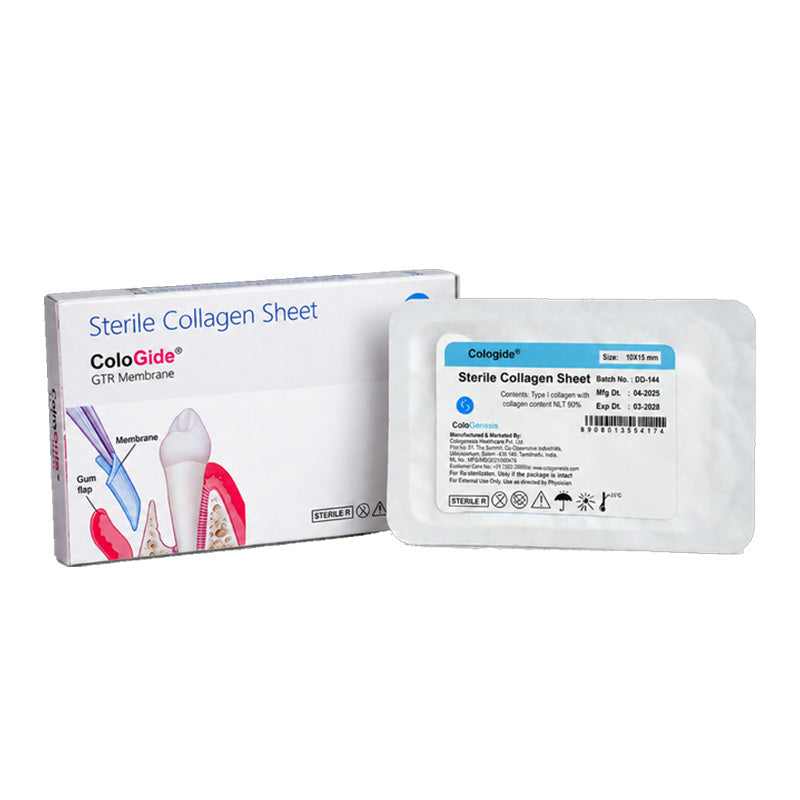 Sterile collagen membrane plug from Cologenesis ColoGide GTR for tissue regeneration, shown in the image.
