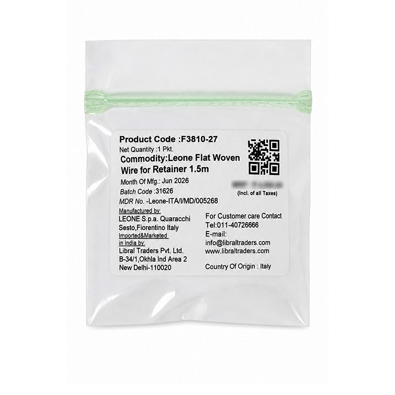 Leone s.p.a lingual retainer with flat woven wire for dental orthodontic retention, shown in the image.