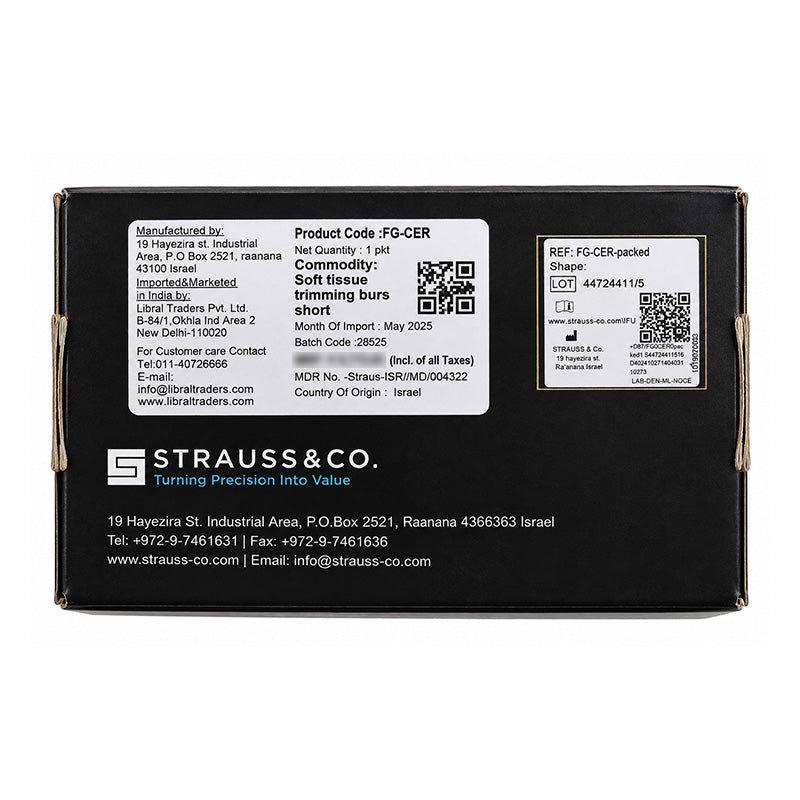 Strauss & Co Soft Tissue Trimming Burs in a pack of one, featuring a close-up of the FG-CER-1 burs for dental tissue trimming.
