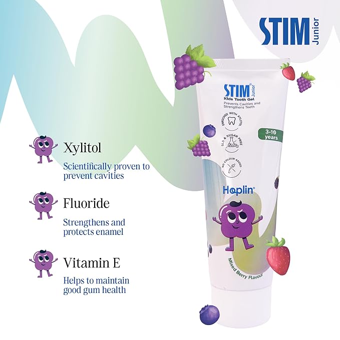 Kids' STIM Junior Tooth Gel with brush, gentle toothpaste for children, featuring a colorful toothbrush and playful packaging.