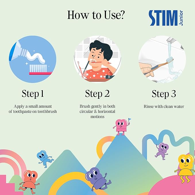 Kids' STIM Junior Tooth Gel with Brush, gentle toothpaste for children, featuring a child-friendly toothbrush and colorful packaging.