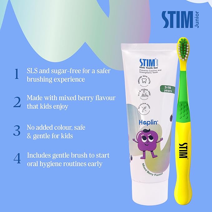 STIM Junior Kids Tooth Gel with Brush showing a colorful tube of toothpaste and a child's toothbrush for gentle oral care.