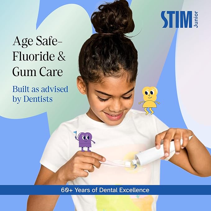 STIM Junior Kids Tooth Gel with Brush, gentle toothpaste for children with fun toothbrush for effective oral hygiene.