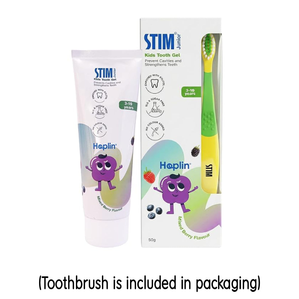 STIM Junior Kids Tooth Gel with Brush, gentle toothpaste for children with colorful cartoon design on tube and toothbrush.