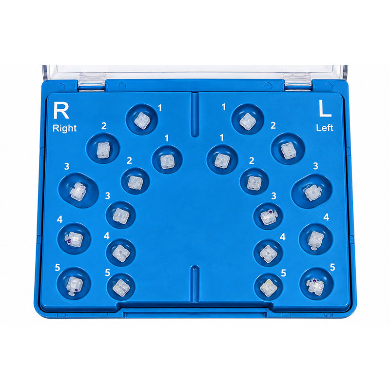 Fox Passive (SLB) Ceramic MBT 022 self-ligating brackets kit showing clear ceramic brackets with metal slots for orthodontic braces.