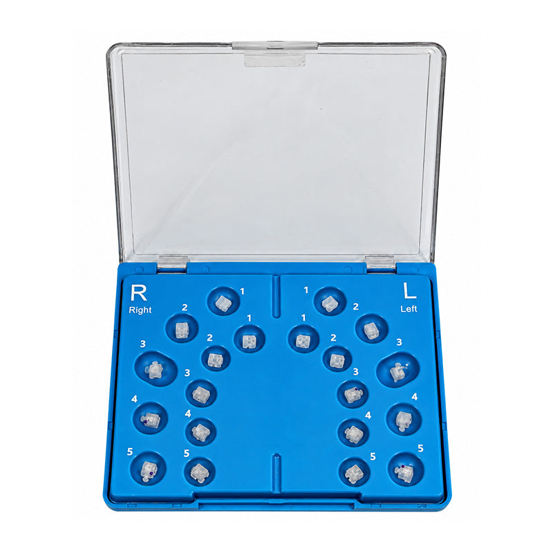 Fox Passive (SLB) Ceramic MBT 022 Brackets Kit, self-ligating orthodontic brackets with ceramic material, shown in the image.