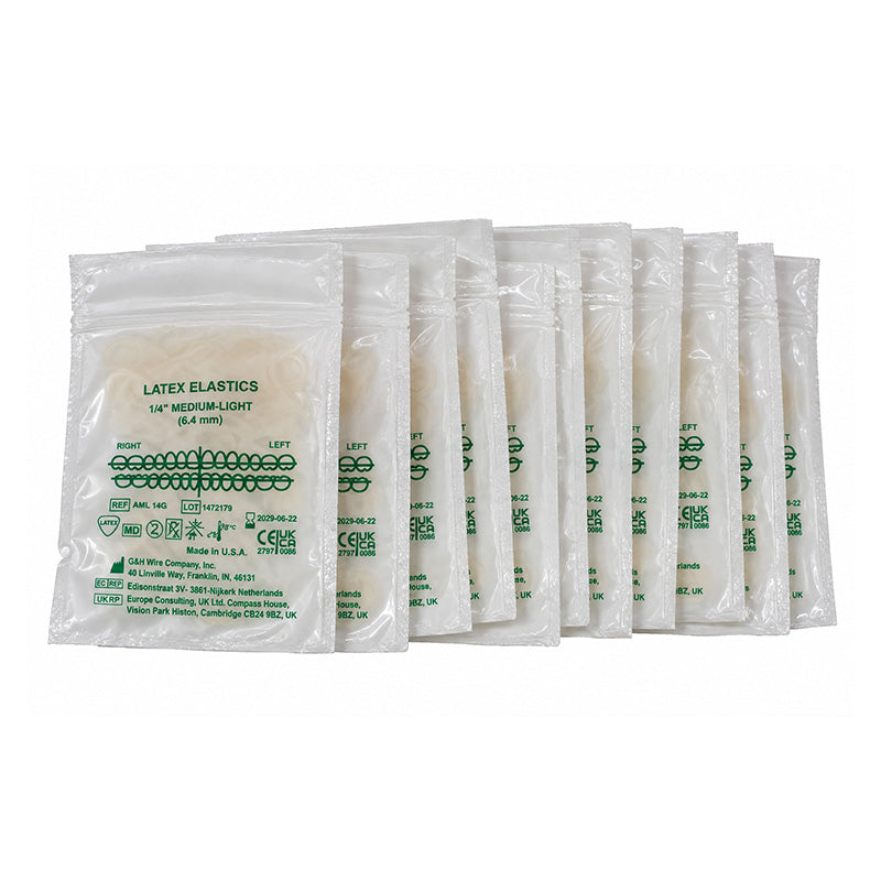 G&H Ortho latex elastics for orthodontic use, showing a close-up of stretchy, durable orthodontic elastics on a white background.