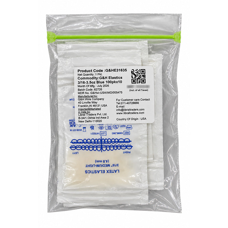 G&H Ortho latex elastics for orthodontic use, shown in a close-up image with multiple elastic bands.