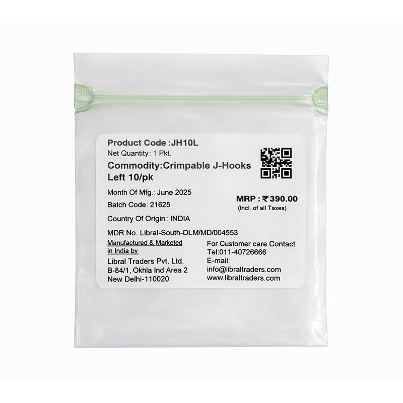 Captain Orthodontics weldable crimpable J-Hooks 021 X 025 Universal, shown in image JH10L-1, for orthodontic appliance attachment.