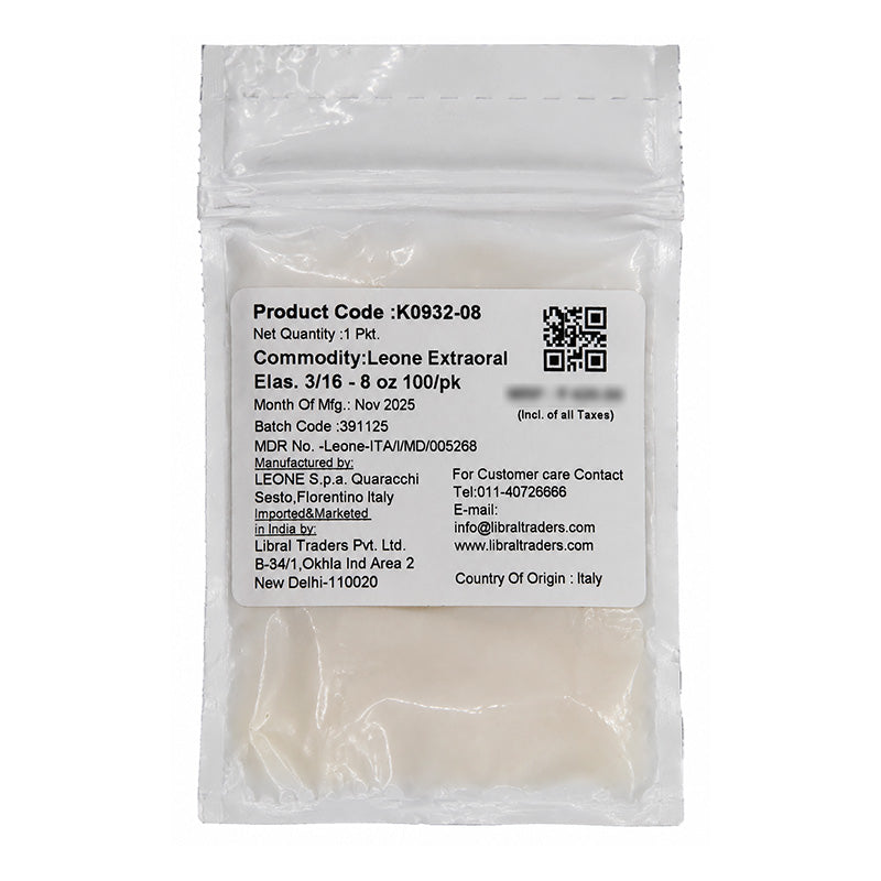 Leone s.p.a extraoral elastics for orthodontic use, shown in clear packaging with multiple elastic bands.