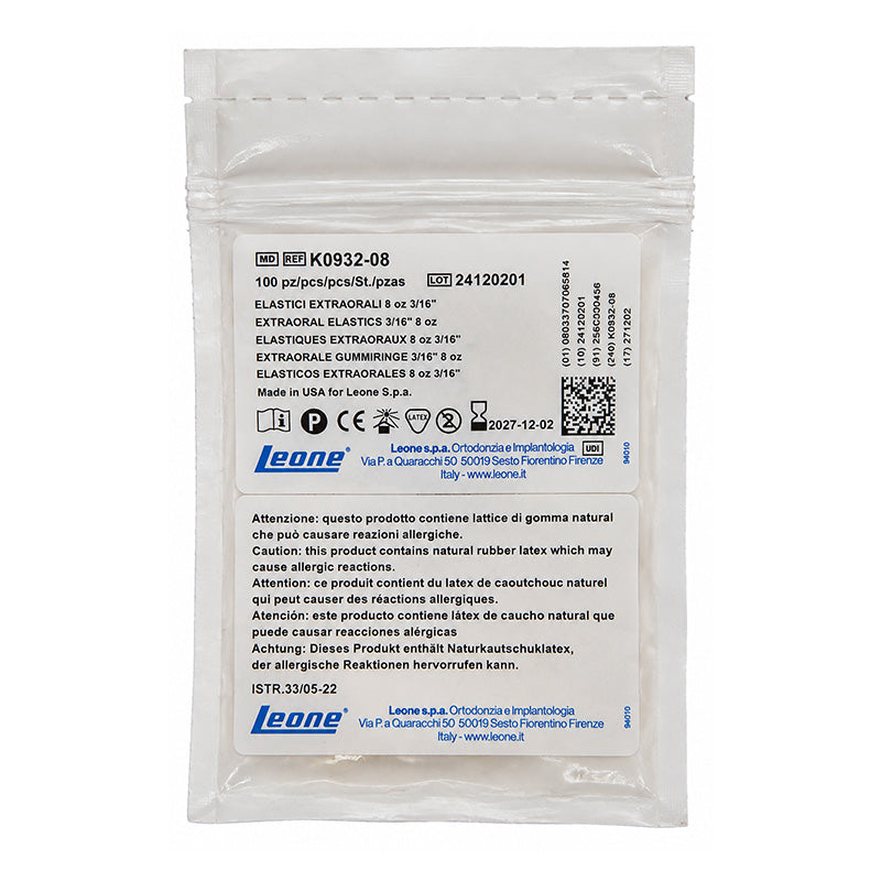Leone Extraoral Elastics in packaging, orthodontic rubber bands used for dental treatment, branded Leone s.p.a.