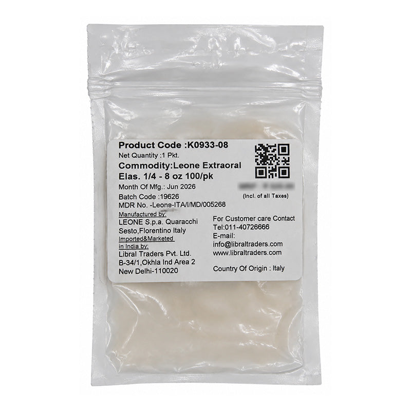 Leone s.p.a extraoral elastics for orthodontic use, shown in the image with multiple elastic bands and packaging.