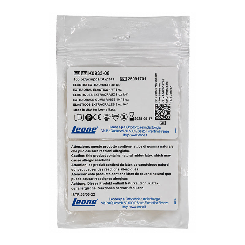 Leone extraoral elastics for orthodontic use, shown in a clear view with multiple elastic bands in packaging.