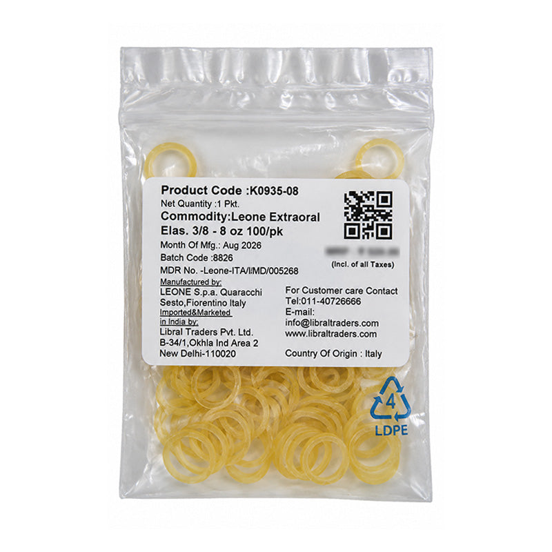 Leone Extraoral Elastics in packaging, designed for orthodontic use, by Leone s.p.a, showing the elastic bands and packaging details.