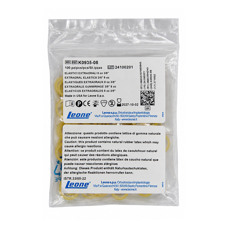 Leone s.p.a Extraoral Elastics in packaging, flexible orthodontic elastics for dental braces and orthodontic treatment.