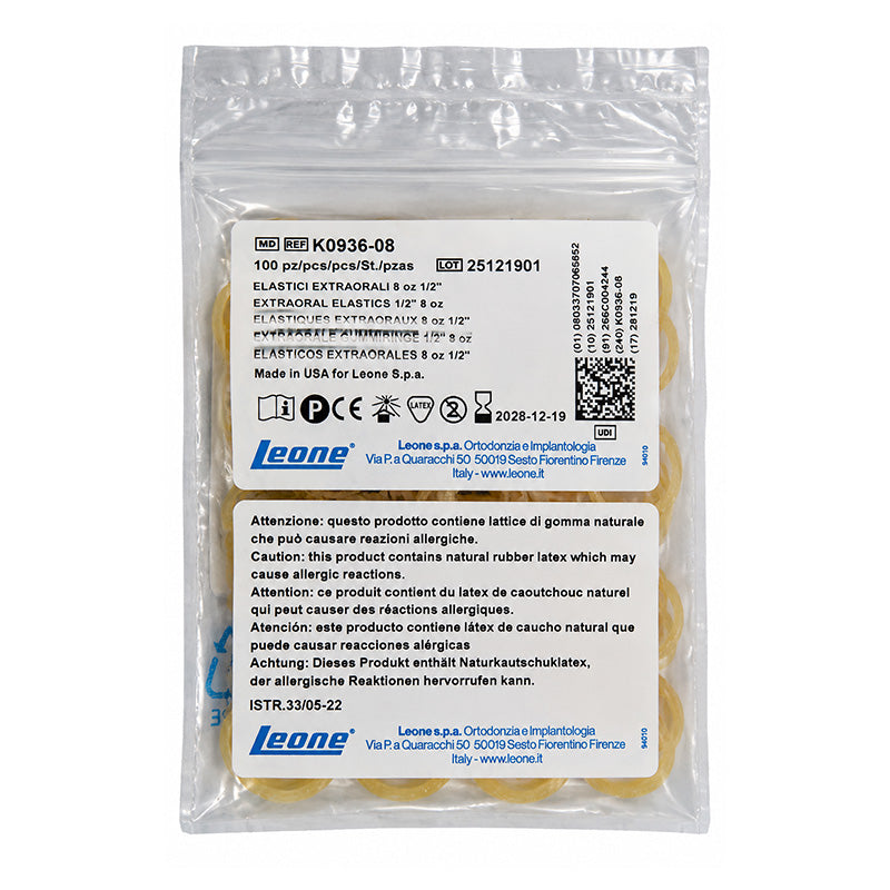 Leone Extraoral Elastics in a clear plastic packaging, designed for orthodontic use by Leone s.p.a.