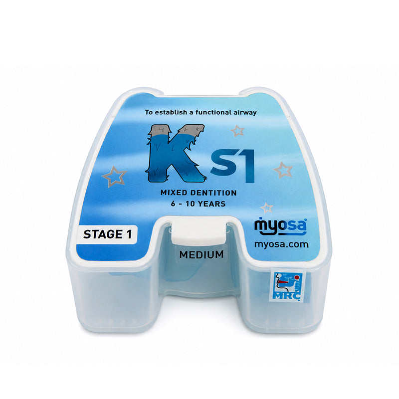 MRC Myosa for Kids trainer appliance and splint by Myofunctional Research Co. showing the device designed for children's oral therapy.