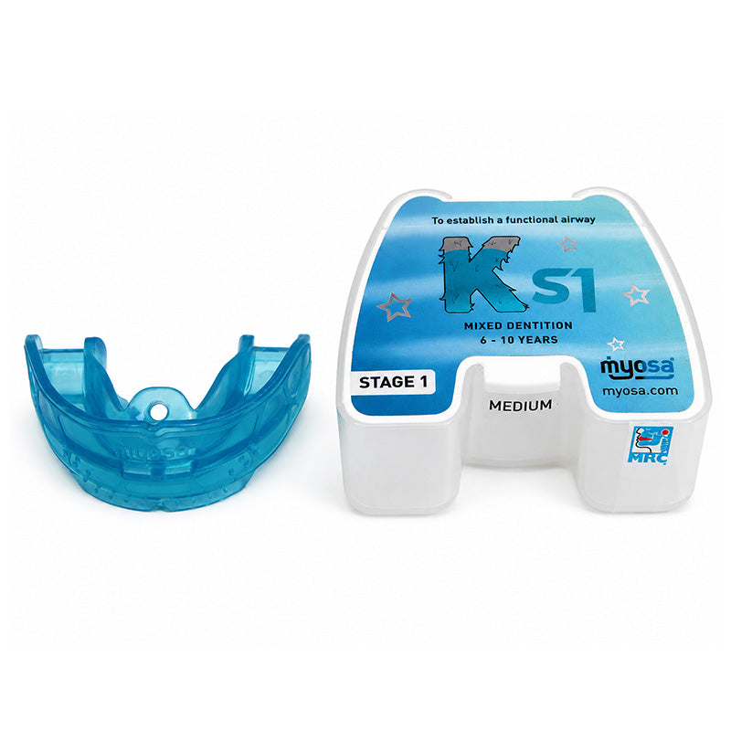 Myofunctional Research Co. MRC Myosa for Kids trainer appliance and splint for oral muscle training, shown in white plastic.