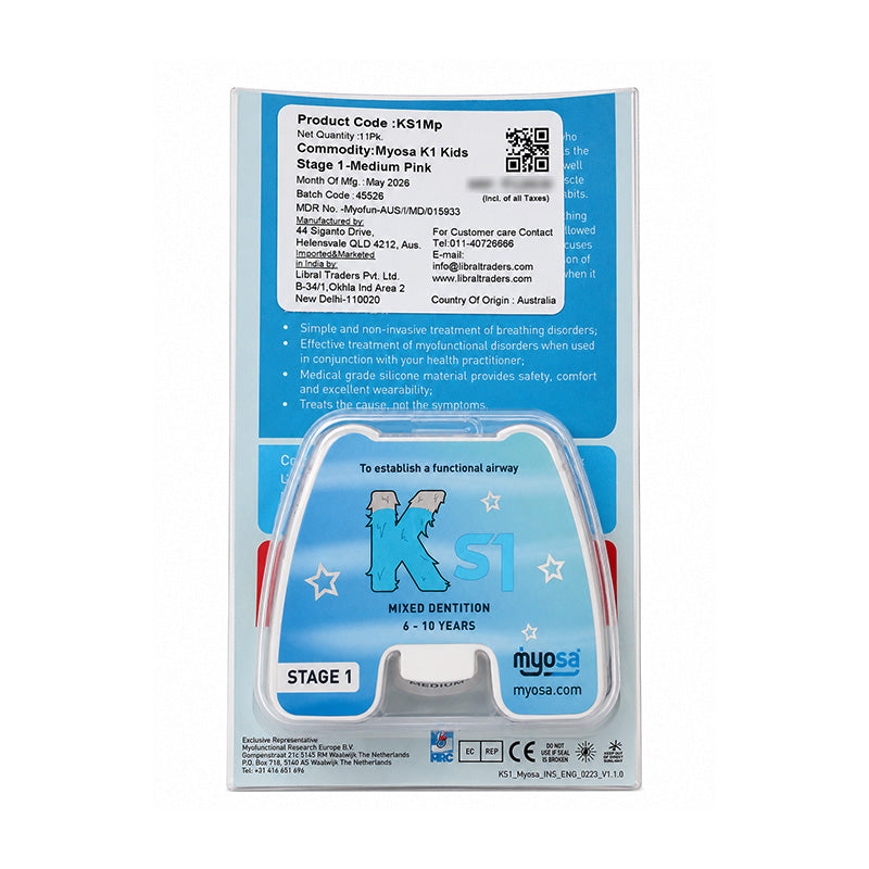 Myofunctional Research Co. Myosa trainer appliance for kids, used for oral and jaw muscle therapy, shown in the image.
