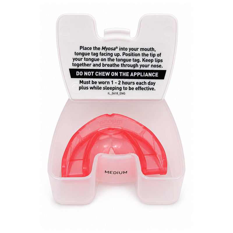 Myofunctional Research Co. MRC Myosa trainer appliance for kids, showing a close-up of the splint used for oral therapy.