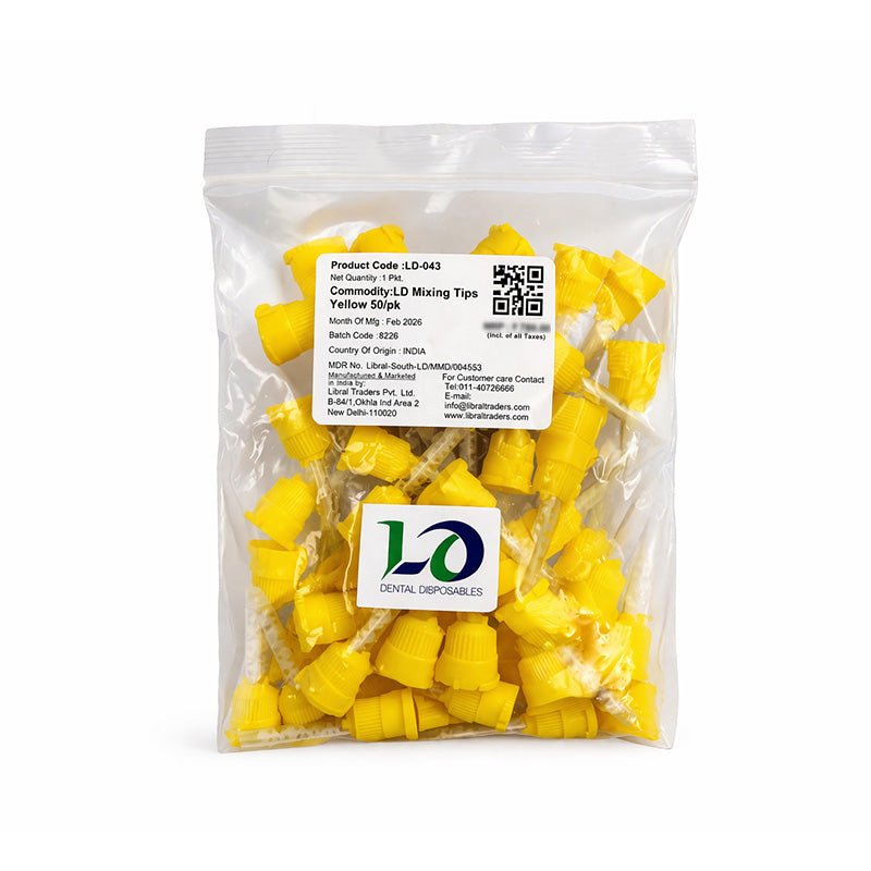 Yellow LD mixing tips for dental dispensing guns, 50 per pack, used for precise mixing of dental materials.