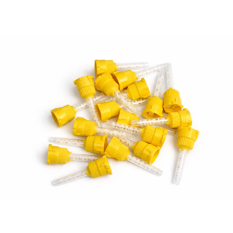 Yellow LD mixing tips for dispensing guns, 50 per pack, used for precise dental material mixing and application.