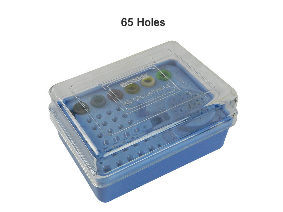 Autoclavable LD Endo Box with 65 holes for dental bur accessories, designed for sterilization and organized dental procedures.