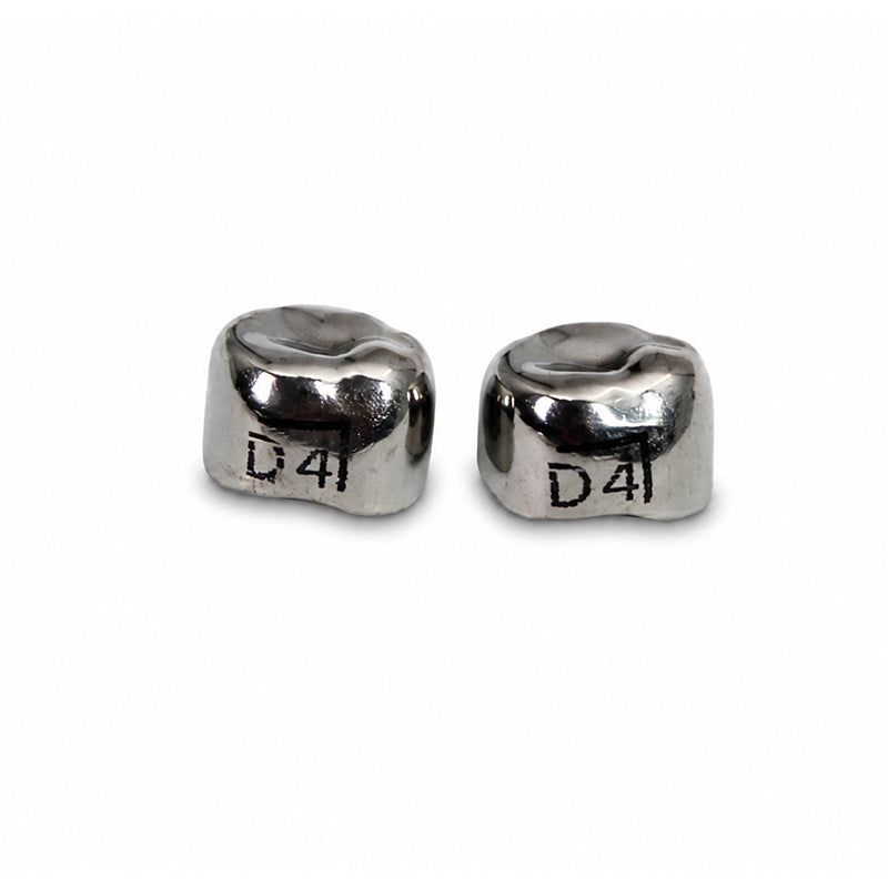Stainless steel LD Pedo Crown for adult and pediatric dental restorations, shown on a dental model.