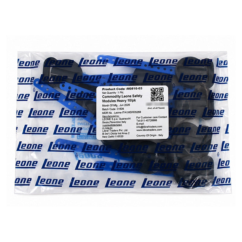 Leone Safety Release Modules for headgear and accessories, shown in black with adjustable straps and safety features.