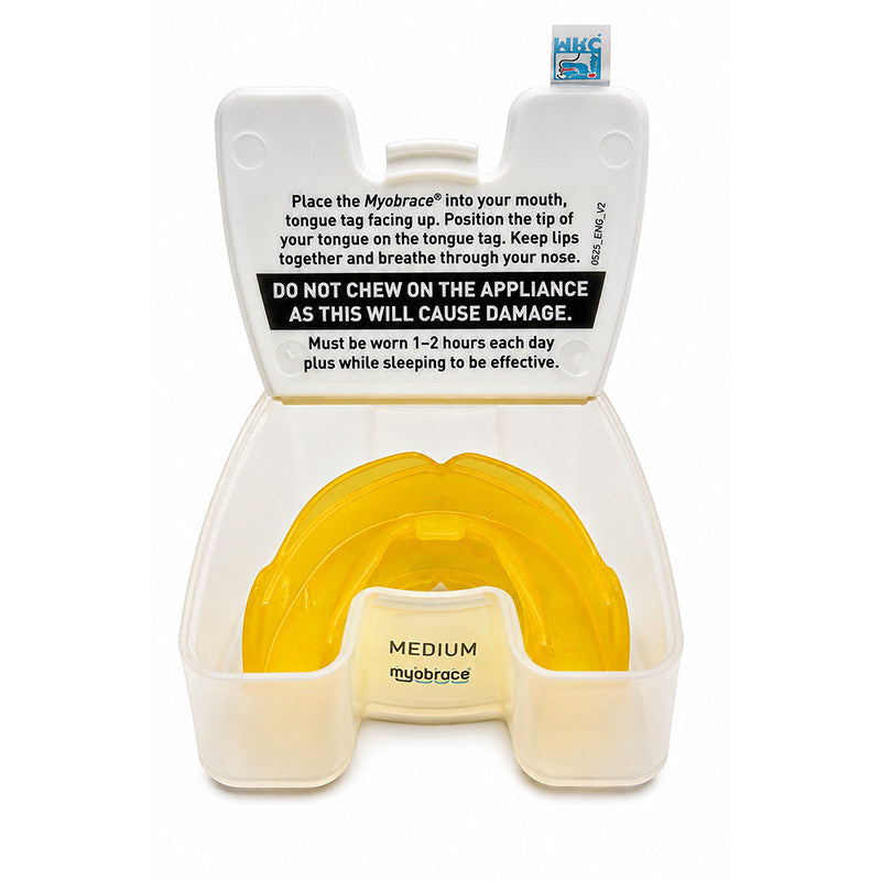 Myobrace Interceptive Class i3 trainer appliance by Myofunctional Research Co. showing a close-up of the orthodontic splint in use.