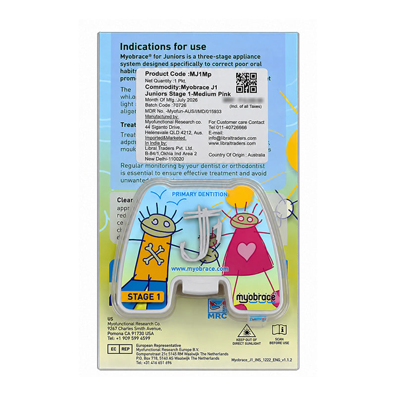 Myobrace for Juniors trainer appliance from Myofunctional Research Co. shown in the image, designed for orthodontic guidance in children.
