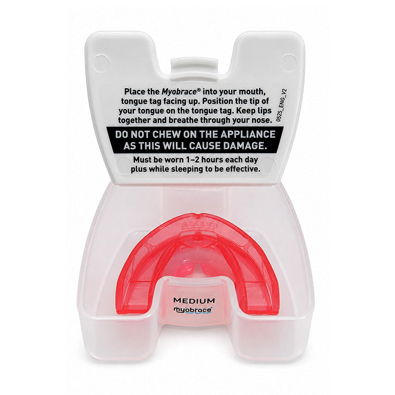 Myobrace for Juniors dental trainer appliance from Myofunctional Research Co. showing a clear orthodontic splint with adjustable components.