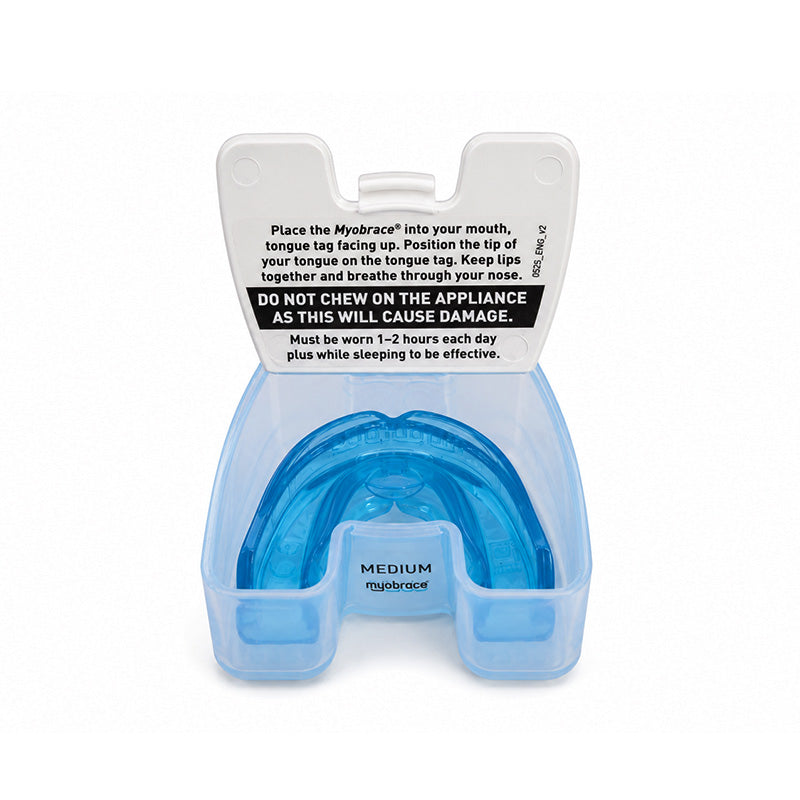 Myobrace Stage Zero K0 trainer appliance for kids by Myofunctional Research Co., showing a clear, lightweight orthodontic device for children.
