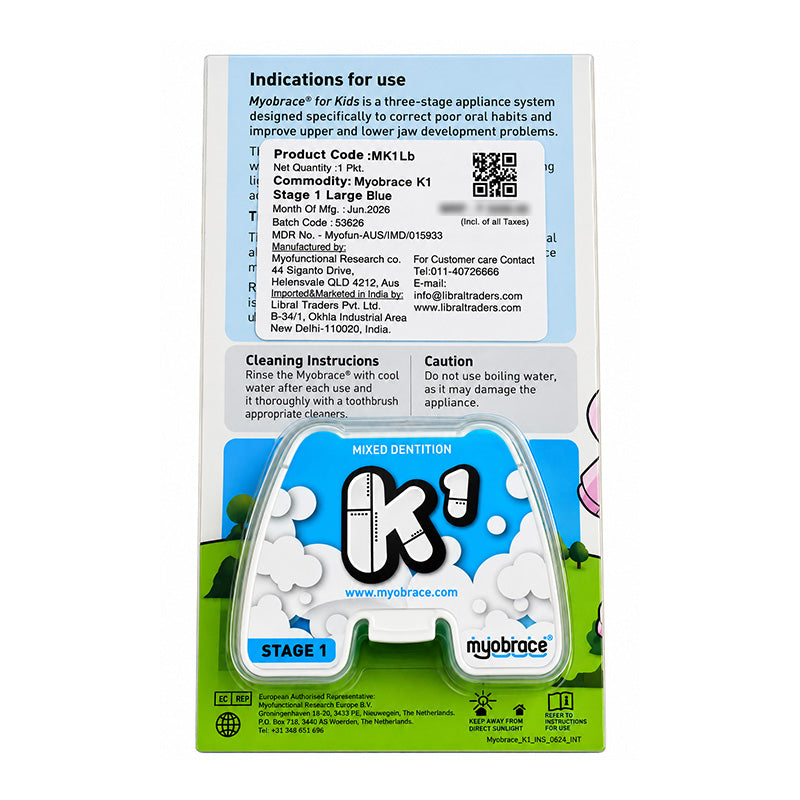 Myofunctional Research Co. MRC Myobrace K1 for kids, a trainer appliance and splint to support oral development.
