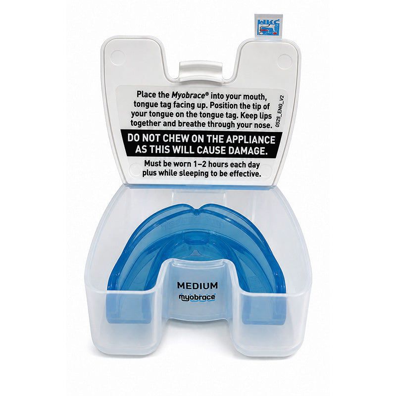 Child wearing MRC Myobrace K1 trainer appliance for kids, designed to correct bite and improve oral habits.